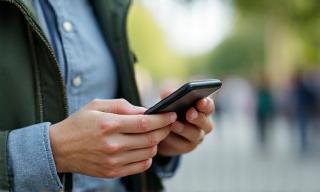 Traveler organizing information on mobile device outdoors